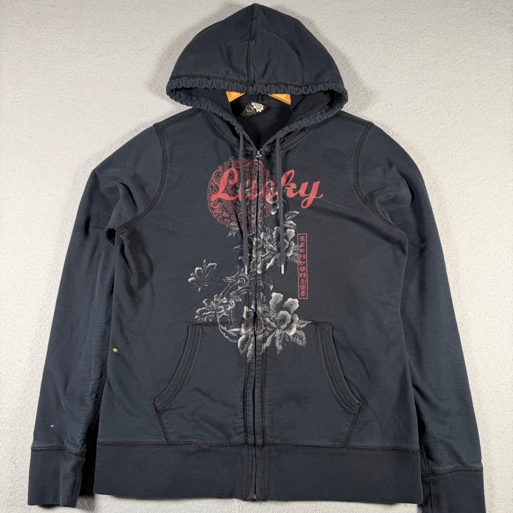Vintage Lucky Brand Womens Black Floral Graphic Full Zip Hoodie Sweatshirt Large